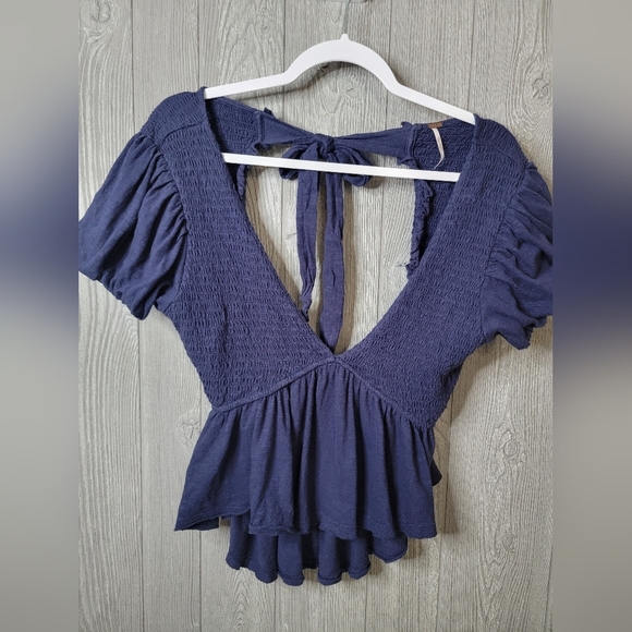 Free People Navy Blue Smocked Backless Blouse - Picture 1 of 4